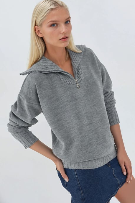 Oversized Geribde Gebreide Trui met Ritskraag - Image 3