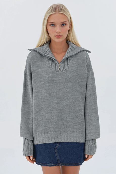 Oversized Geribde Gebreide Trui met Ritskraag - Image 5
