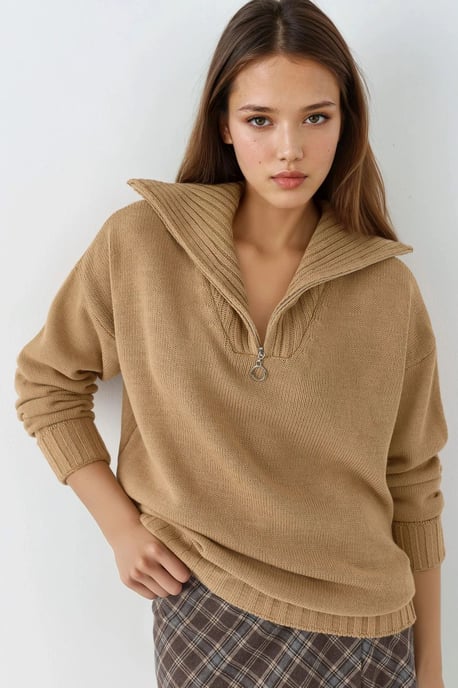 Oversized Geribde Gebreide Trui met Ritskraag - Image 1