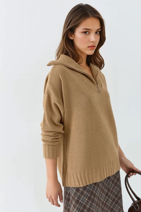Oversized Geribde Gebreide Trui met Ritskraag - Image 2