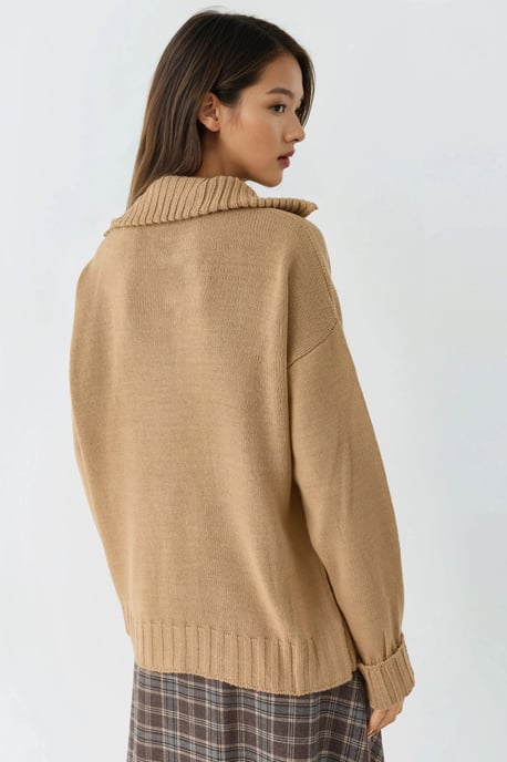 Oversized Geribde Gebreide Trui met Ritskraag - Image 3