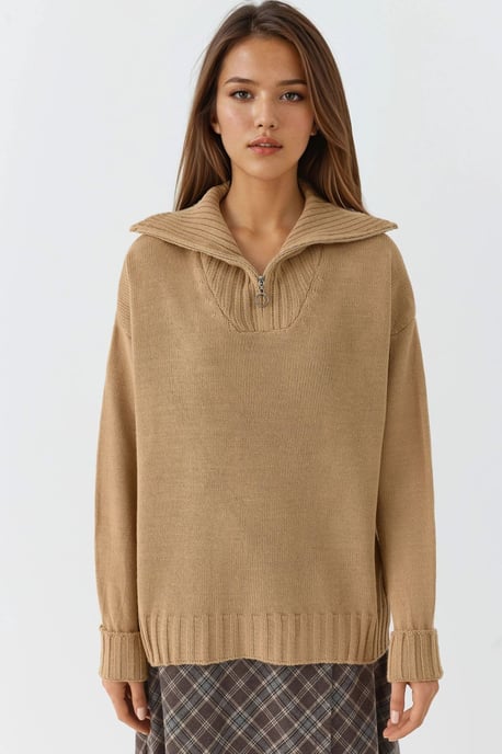 Oversized Geribde Gebreide Trui met Ritskraag - Image 6
