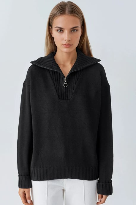 Oversized Geribde Gebreide Trui met Ritskraag - Image 6