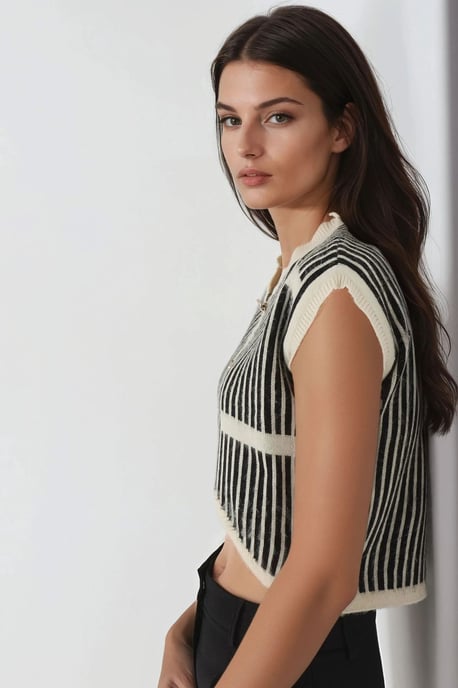 Gestreepte Geribbelde Brei Crop Top met Knopen Sluiting - Image 2