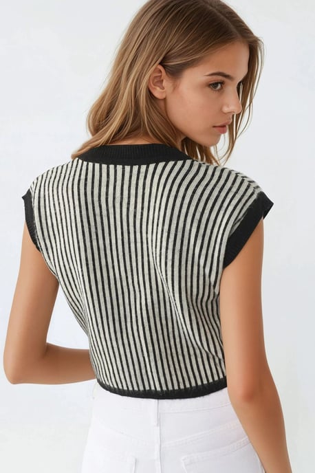 Gestreepte Geribbelde Gebreide Cropped Top met Knopsluiting - Image 2