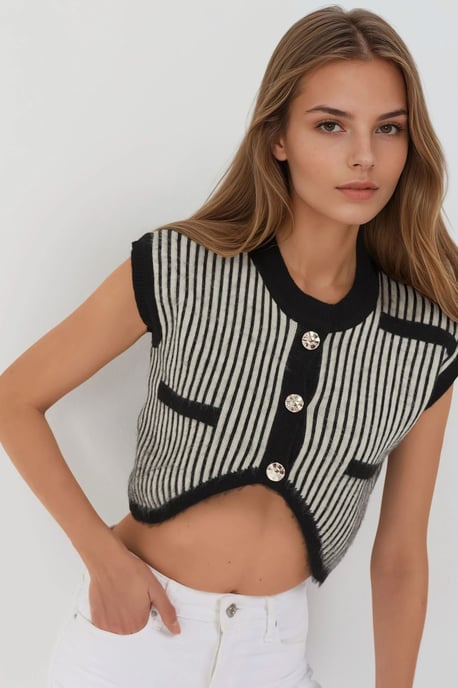 Gestreepte Geribbelde Gebreide Cropped Top met Knopsluiting - Image 3