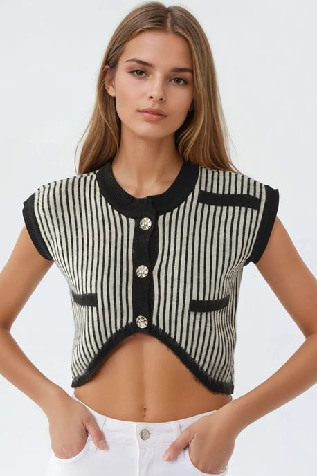Gestreepte Geribbelde Gebreide Cropped Top met Knopsluiting - Image 6