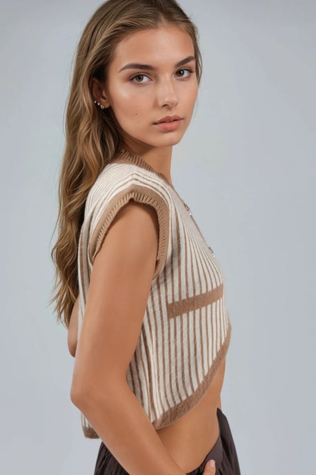 Gestreepte Geribbelde Breisel Cropped Top met Knopsluiting - Image 3