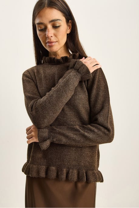Frilly Half Turtleneck Buttoned Knit Sweater - Image 3