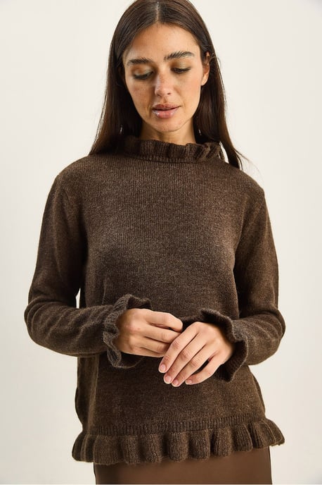 Frilly Half Turtleneck Buttoned Knit Sweater - Image 5