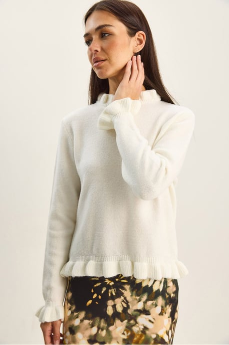 Frilly Half Turtleneck Buttoned Knit Sweater - Image 4