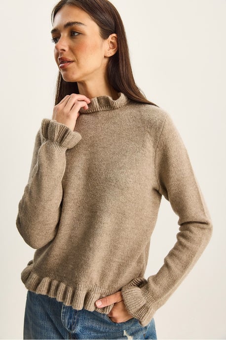 Frilly Half Turtleneck Buttoned Knit Sweater - Image 1