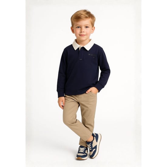 Minoti Jongens Bedrukt Poloshirt Met Lange Mouwen (Marineblauw) - Image 1