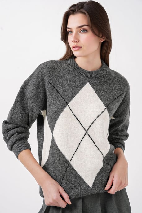 Oversized Argyle Crew Neck Sweater - Image 1