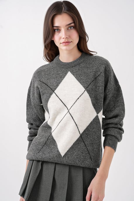 Oversized Argyle Crew Neck Sweater - Image 3