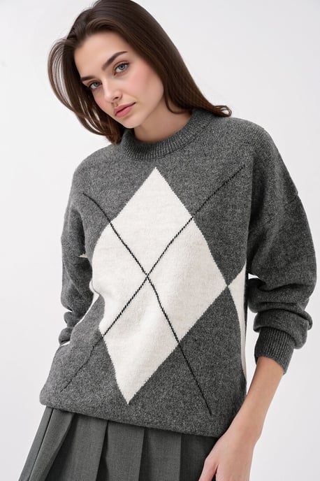 Oversized Argyle Crew Neck Sweater - Image 4