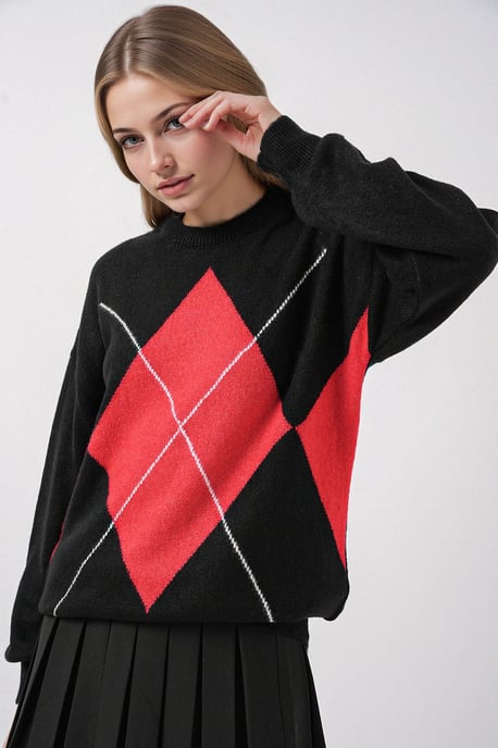 Oversized Ruiten Trui met Ronde Hals - Image 2