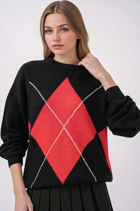 Oversized Ruiten Trui met Ronde Hals - Image 3