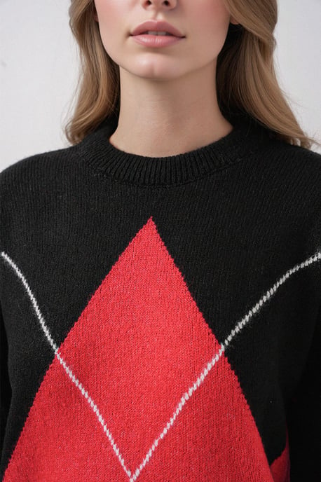 Oversized Ruiten Trui met Ronde Hals - Image 4