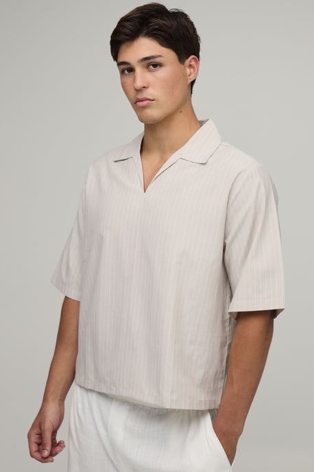 Oversized Boxy Poplin Stripe V-Neck Polo - Image 1