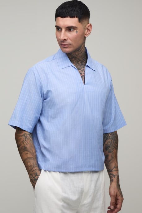 Tall Oversized Boxy Poplin Stripe V-Neck Polo - Image 1