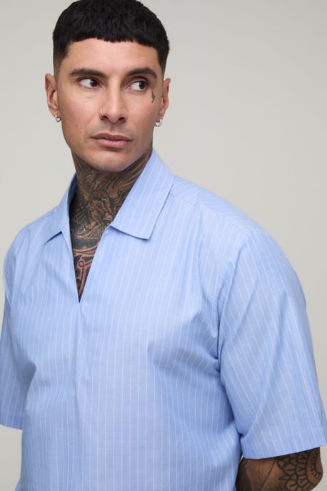Tall Oversized Boxy Poplin Stripe V-Neck Polo - Image 3