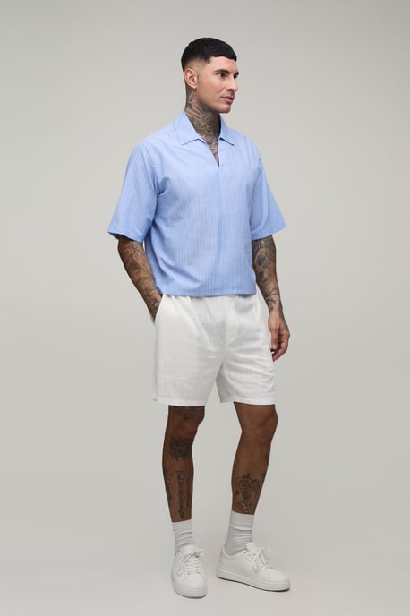 Tall Oversized Boxy Poplin Stripe V-Neck Polo - Image 4