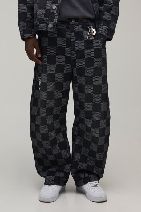 Barrel Fit Checkerboard Jacquard Denim Jeans - Image 1
