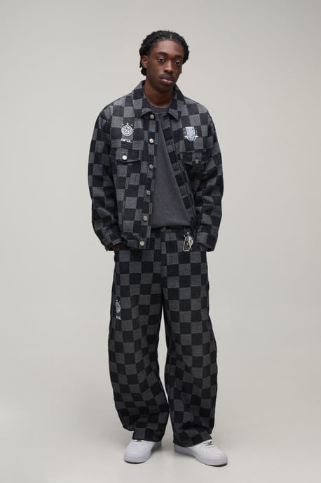 Barrel Fit Checkerboard Jacquard Denim Jeans - Image 4
