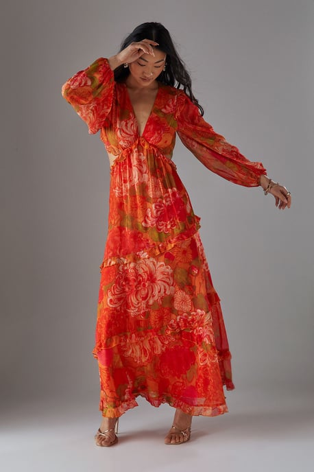 Petite Chiffon Cut Out Waist Ruffe Maxi Dress - Image 1