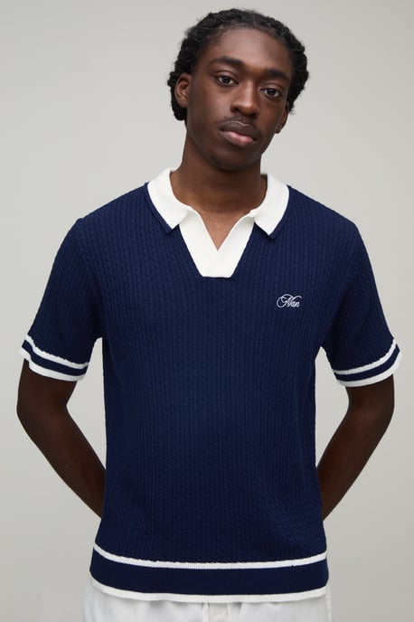 MAN Boxy Cable Embroidered Knitted Polo - Image 1