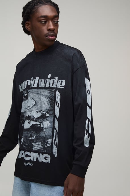 Black Oversized Moto Print Spray Wash Long Sleeve T-Shirt - Image 1