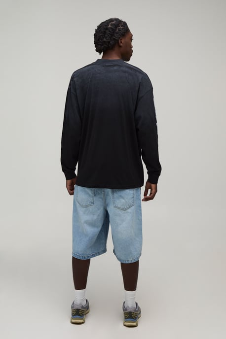 Black Oversized Moto Print Spray Wash Long Sleeve T-Shirt - Image 2