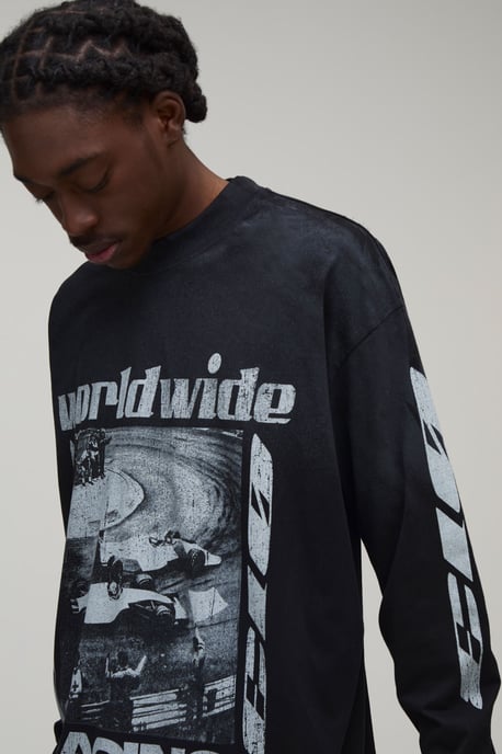 Black Oversized Moto Print Spray Wash Long Sleeve T-Shirt - Image 3