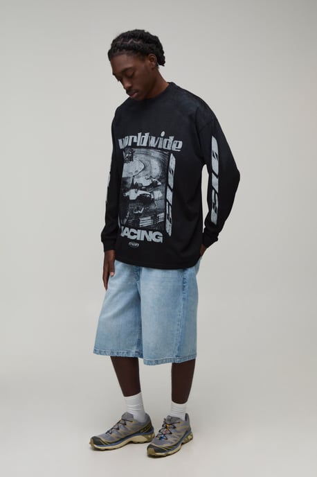 Black Oversized Moto Print Spray Wash Long Sleeve T-Shirt - Image 4