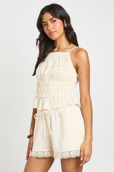 Cheesecloth Crochet Trim Shorts - Image 1