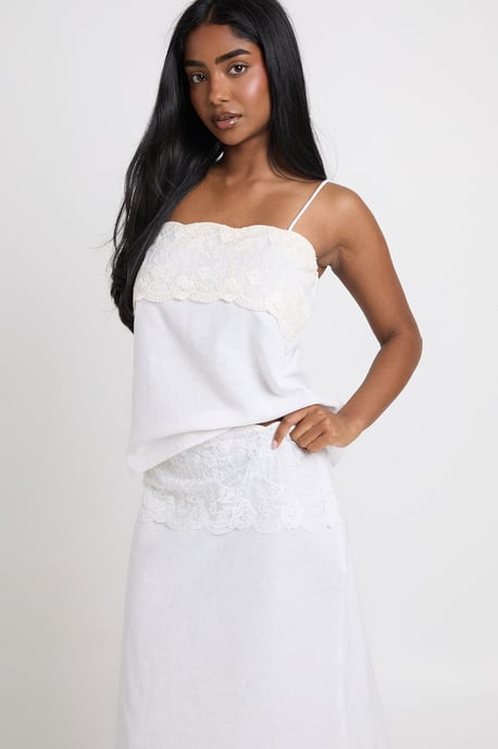 Linen Lace Panel Midi Skirt - Image 3