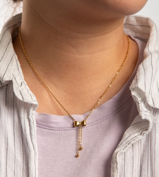 Gold Plated Stainless Steel Bow Drop Necklace - Image 2