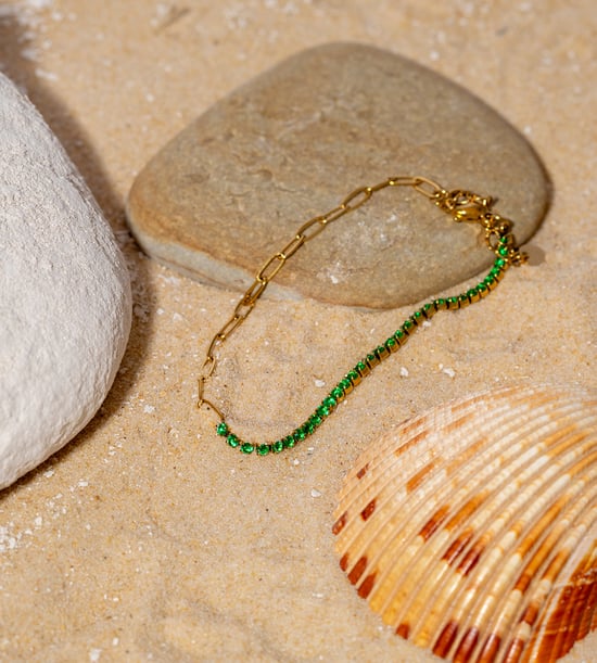 Gold Plated PVD Waterproof Stainless Steel Chain & Tennis Bracelet In Emerald Crystal - Image 6