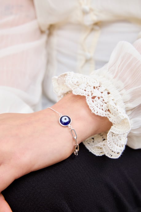 Sterling Silver Blue Evil Eye/Nazar Paperclip & Cable Chain Bracelet - Image 2