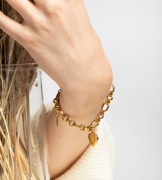 Gold Plated Stainless Steel Heart Charm Link Bracelet - Image 2