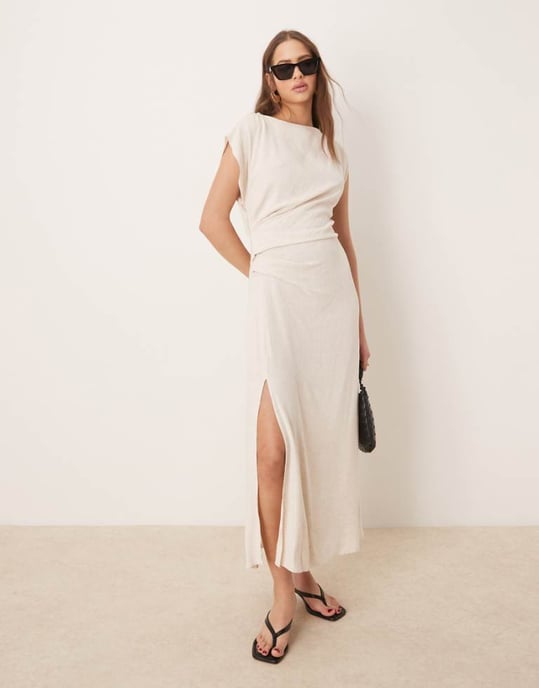 ASOS DESIGN linen open back draped waist midi dress in oat - Image 1