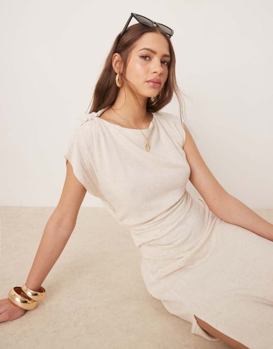 ASOS DESIGN linen open back draped waist midi dress in oat - Image 3