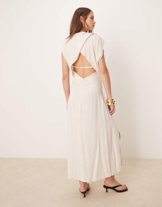 ASOS DESIGN linen open back draped waist midi dress in oat - Image 4