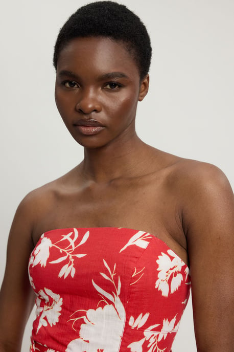 Double Cloth Printed Bandeau Peplum Midi Dress - Image 2