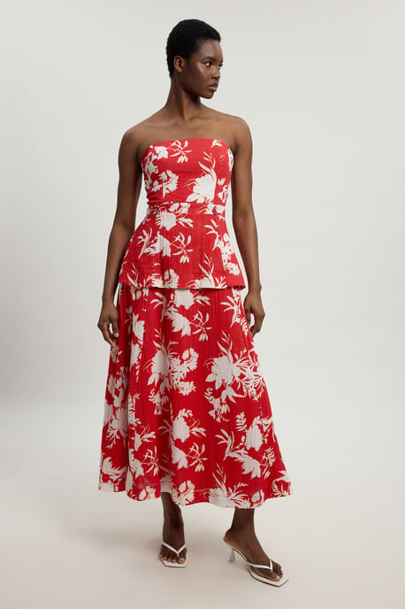 Double Cloth Printed Bandeau Peplum Midi Dress - Image 5