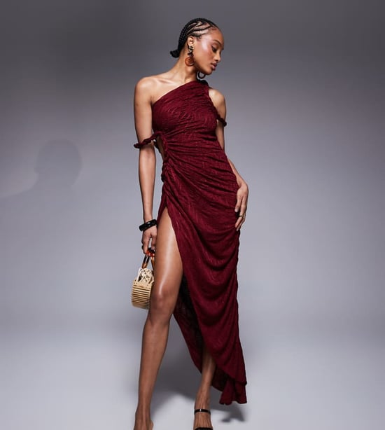 ASOS DESIGN Tall ruched asymmetric textured midi dress with twisted strapping details in dark cherry - Image 1