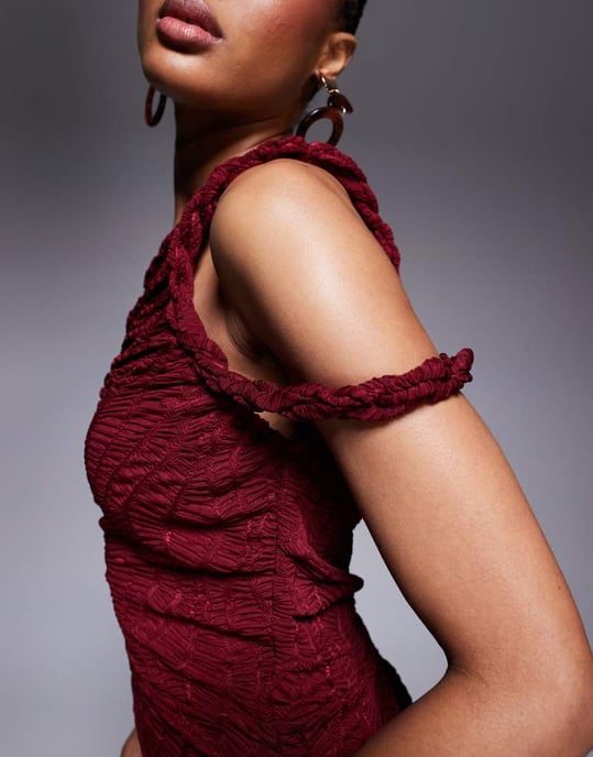 ASOS DESIGN Tall ruched asymmetric textured midi dress with twisted strapping details in dark cherry - Image 2