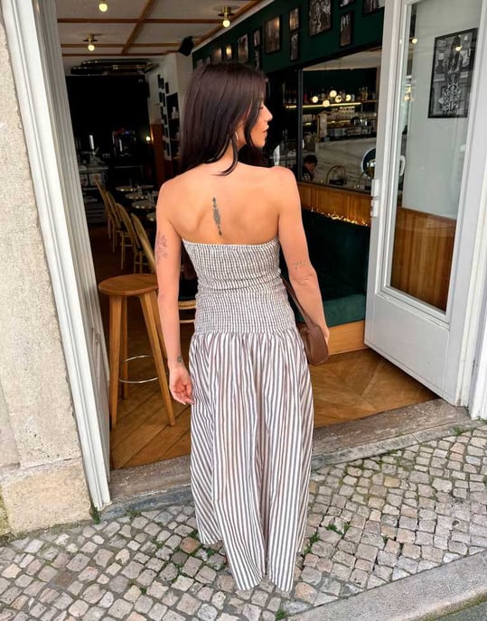 Labelrail x Barbara Ines shirred stripe midi dress in brown - Image 4