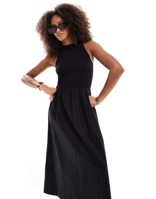 ASOS DESIGN racer crinkle bodice poplin skirt midi dress in black - Image 1